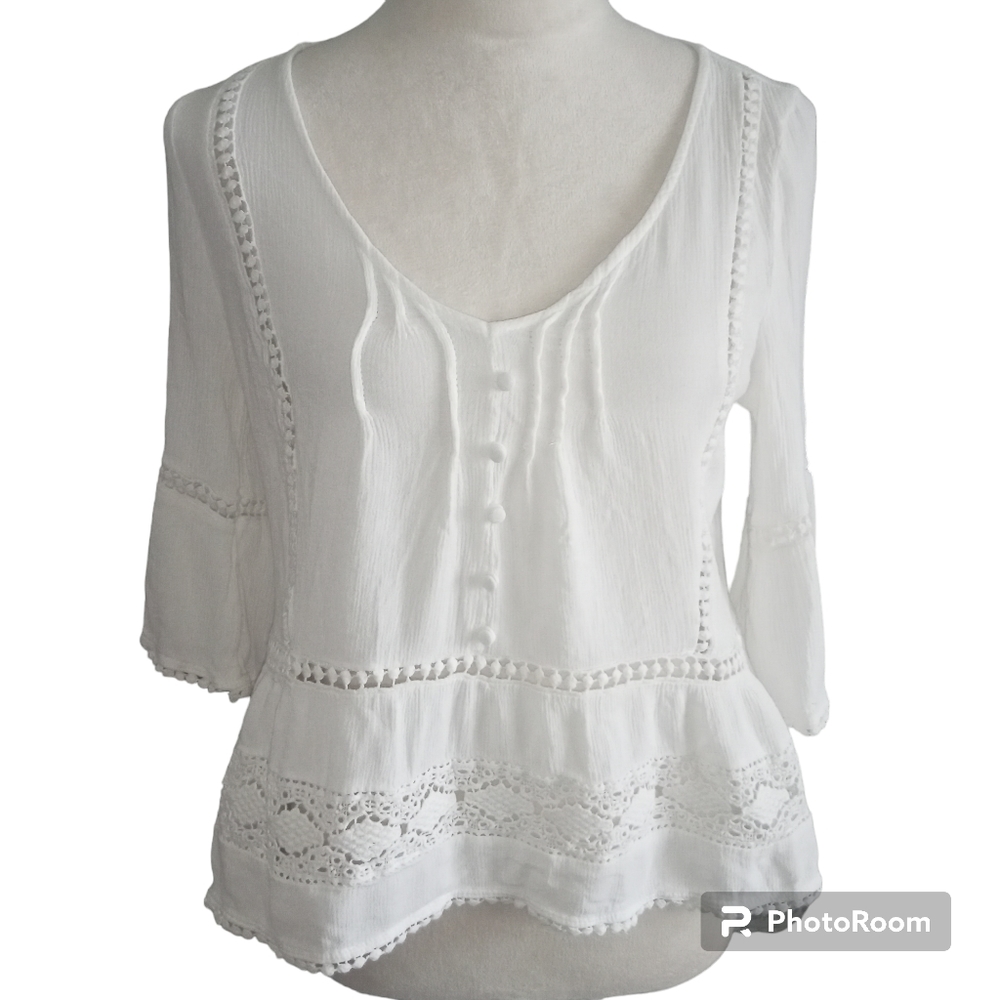 White Women's Crochet Trim Peasant Blouse